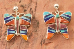 Calvin Begay Genuine Gemstones Sterling Silver Butterfly Earrings